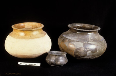 Ledged-shouldered ‘cooking pots’ and small black bowl from Nausharo, an Indus site. Source: www.harappa.com